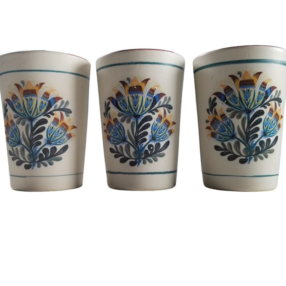 Vintage Handmade Austrian Pottery Cups Set 3 Blue Folk Art Tumblers